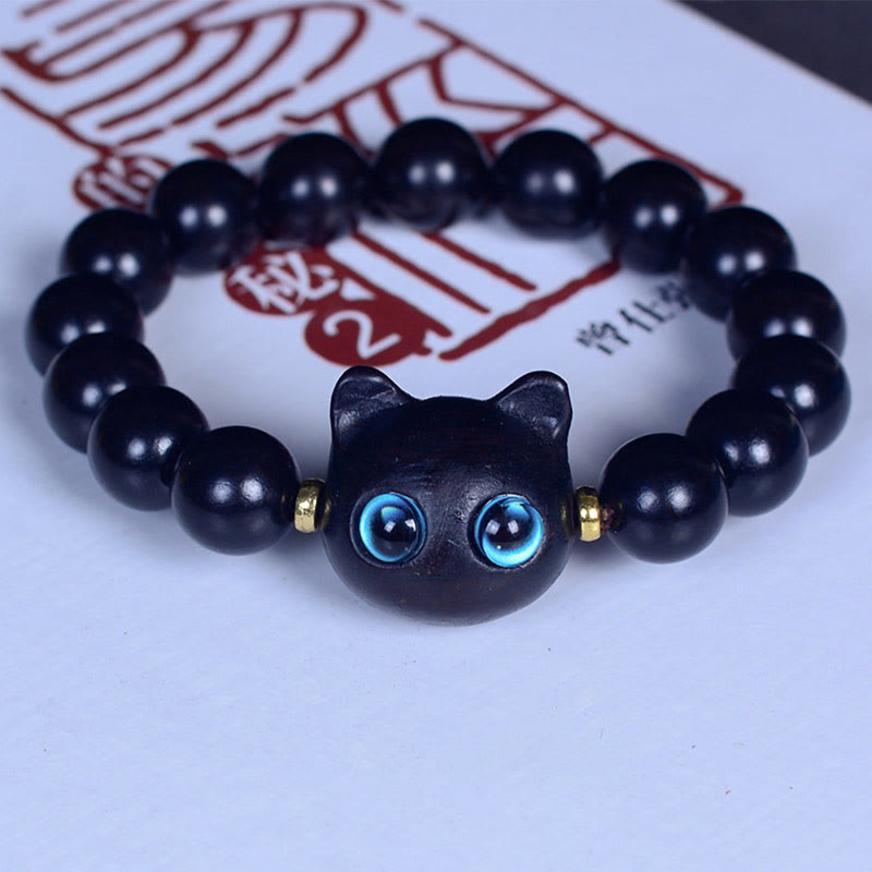 Buddha Stones Ebony Wood Liuli Glass Lovely Cat Peace Balance Bracelet - Ebony 12mm*15 Beads(Wrist Circumference 14-16cm) - image 13