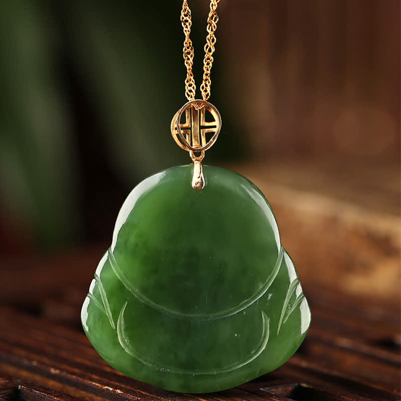 925 Sterling Silver Laughing Buddha Hetian Cyan Jade 18K Gold Success Necklace Chain Pendant - image 8