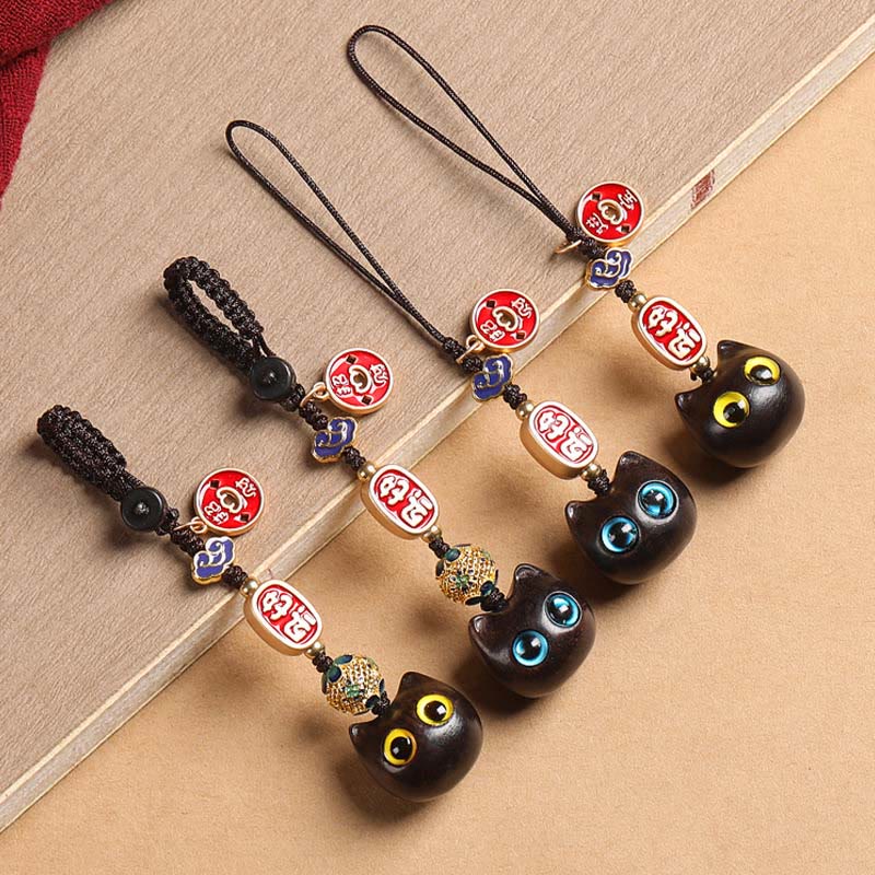 Buddha Stones Ebony Wood Lucky Cat Auspicious Cloud Peace Key Chain Phone Hanging Decoration - image 2