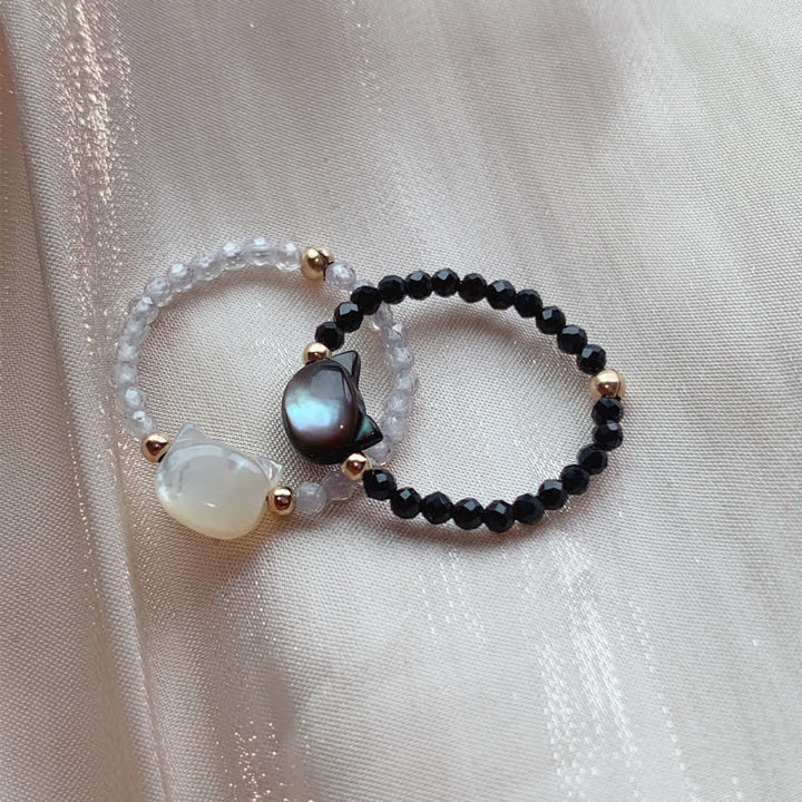 Buddha Stones Natural Tridacna Stone Lovely Cat 14K Gold Blessing Ring - image 2