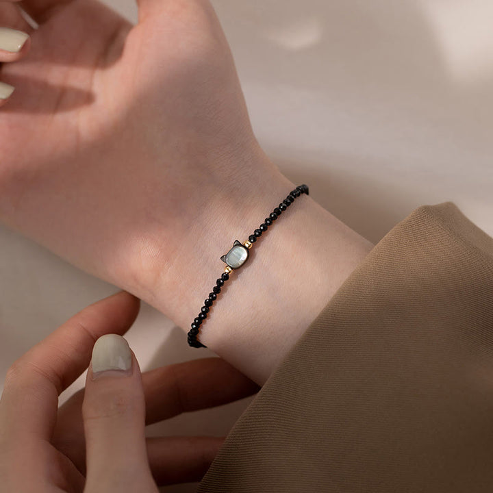 Buddha Stones 14K Gold Plated Black Spinel White Crystal Cute Cat Tridacna Stone Healing Bracelet - image 6
