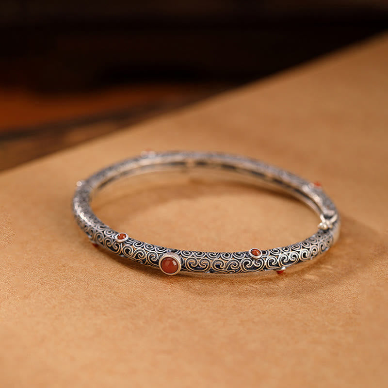 Vintage Tang Dynasty Flower Design Engraved Red Agate Copper Luck Bracelet Bangle - image 10