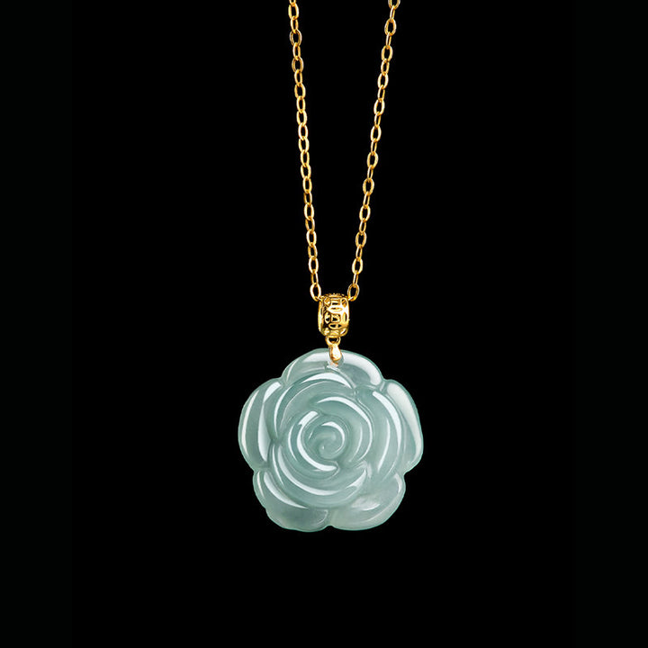 Buddha Stones 18K Gold Buckle 925 Sterling Silver Chain Natural Jade Rose Luck Necklace Pendant - image 2