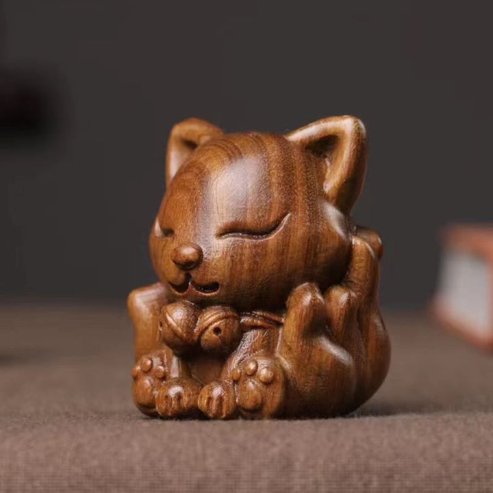 Buddha Stones Mini Nine Tailed Fox Ivory Fruit Sandalwood Green Sandalwood Blessing Decoration