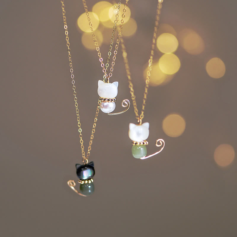 Buddha Stones 14K Gold Plated Pearl Hetian Jade Shell Luck Cat Kitten Necklace Pendant - image 1