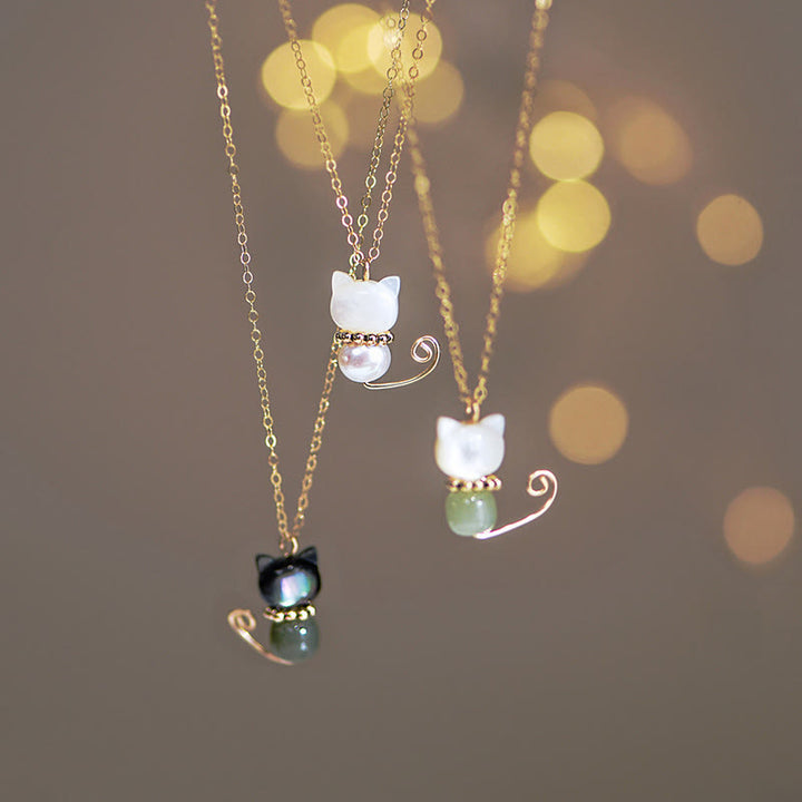 Buddha Stones 14K Gold Plated Pearl Hetian Jade Shell Luck Cat Kitten Necklace Pendant - image 1