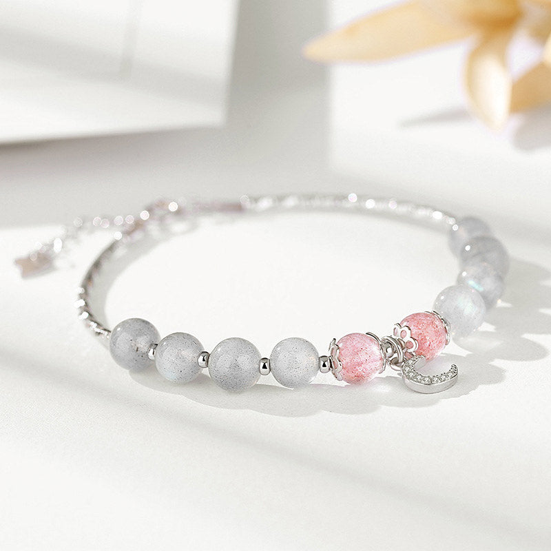 Buddha Stones Strawberry Quartz Moonstone Luck Moon Charm Bracelet - Strawberry Quartz&Moonstone - image 1