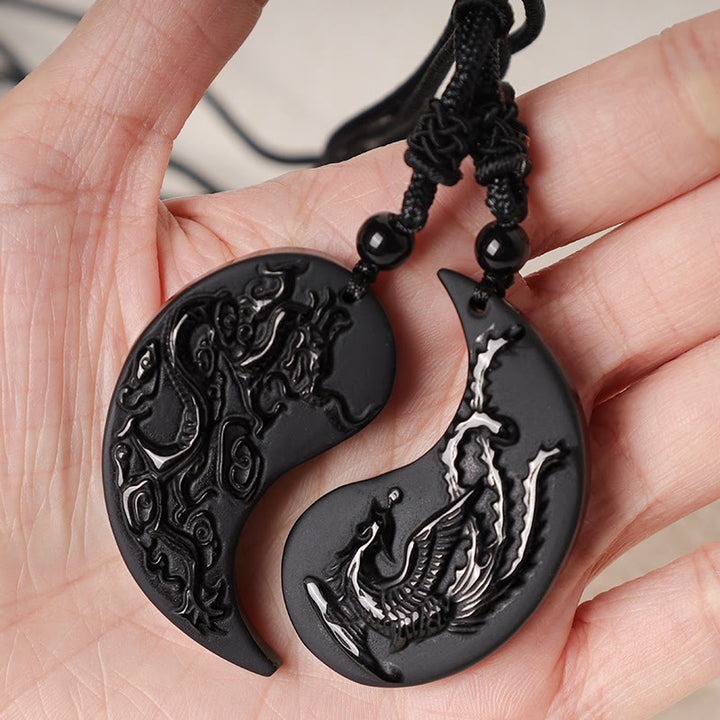 Buddha Stones Black Obsidian Yin Yang Dragon Phoenix Luck Necklace Pendant - image 5