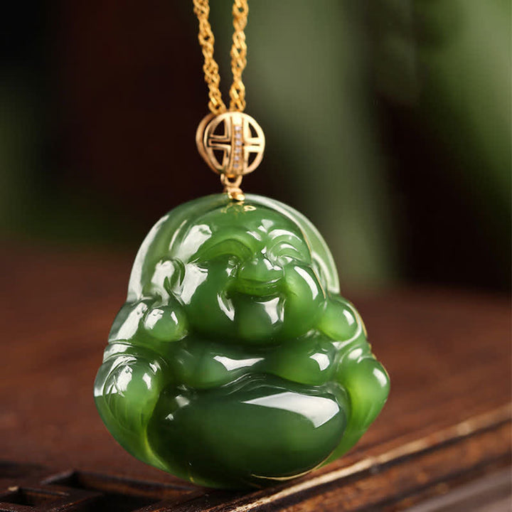 925 Sterling Silver Laughing Buddha Hetian Cyan Jade 18K Gold Success Necklace Chain Pendant - image 2