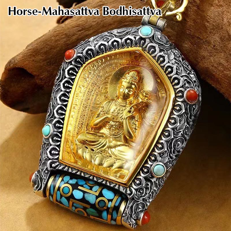 Tibet Chinese Zodiac Natal Buddha Thangka Prosperity Rotatable Dzi Bead Necklace Pendant - Horse-Mahasattva Bodhisattva - image 8