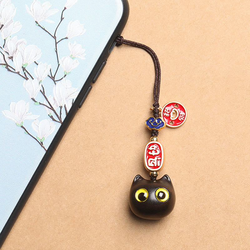 Buddha Stones Ebony Wood Lucky Cat Auspicious Cloud Peace Key Chain Phone Hanging Decoration - image 9