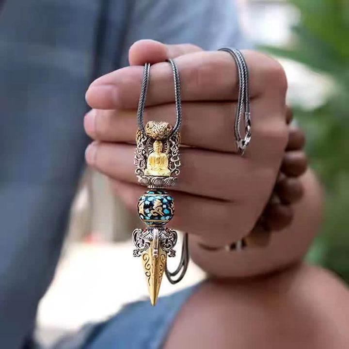 Buddha Stones Tibetan Om Mani Padme Hum Buddha Wealth Rotation Necklace Vajra Pendant - Pendant&Chain - image 4