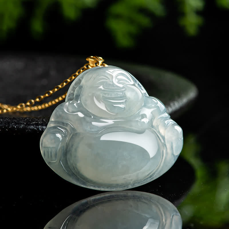 Buddha Stones Laughing Buddha Natural Jade 925 Sterling Silver Plated Gold Abundance Necklace Pendant - image 1