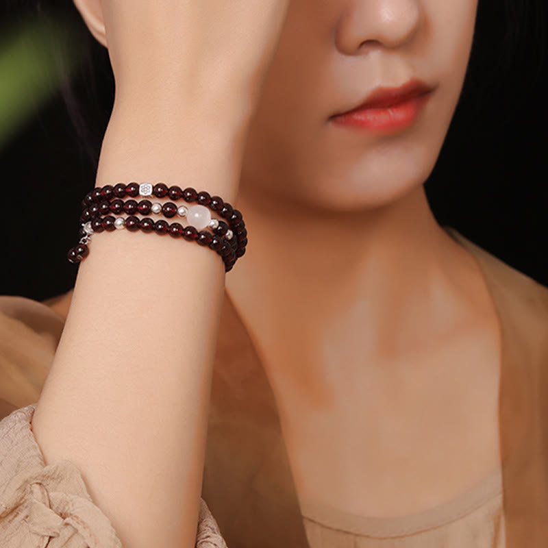 Buddha Stones 925 Sterling Silver Natural Garnet Cat Eye Protection Triple Wrap Bracelet - image 6