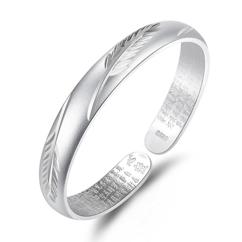Buddha Stones Feather Heart Sutra Engraved Pattern Wealth Copper Cuff Bracelet Bangle - Silver Feather - image 6