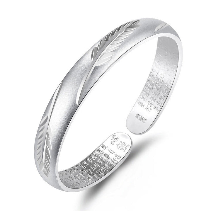 Buddha Stones Feather Heart Sutra Engraved Pattern Wealth Copper Cuff Bracelet Bangle - Silver Feather - image 6