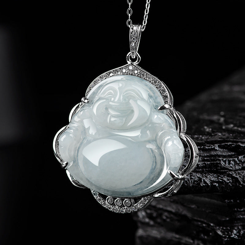 Buddha Stones 925 Sterling Silver Laughing Buddha Natural Jade Abundance Necklace Pendant - Jade (Prosperity ♥ Abundance) - image 1