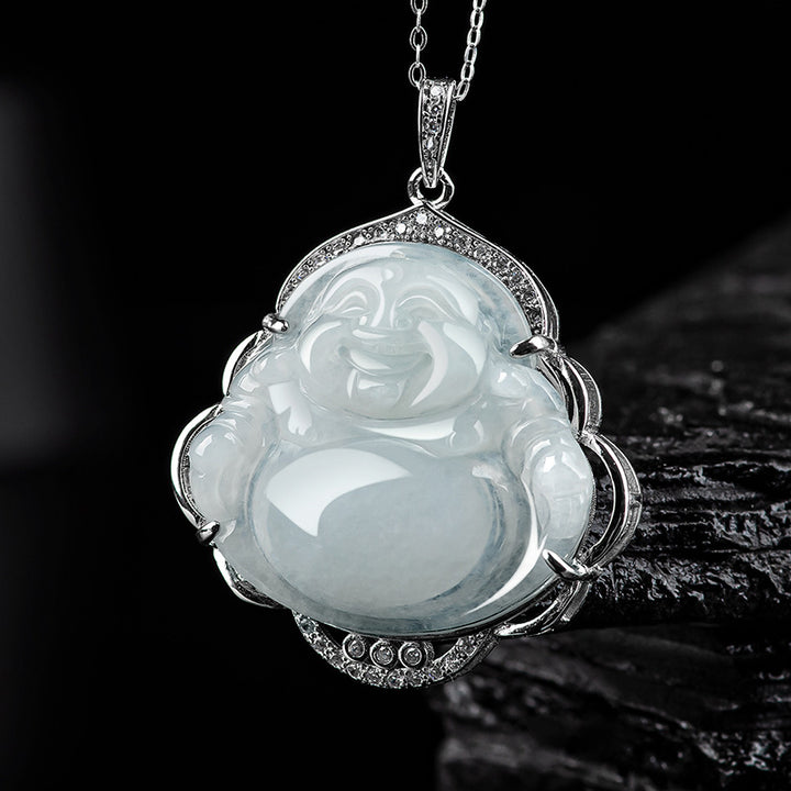 Buddha Stones 925 Sterling Silver Laughing Buddha Natural Jade Abundance Necklace Pendant - Jade (Prosperity ♥ Abundance) - image 1