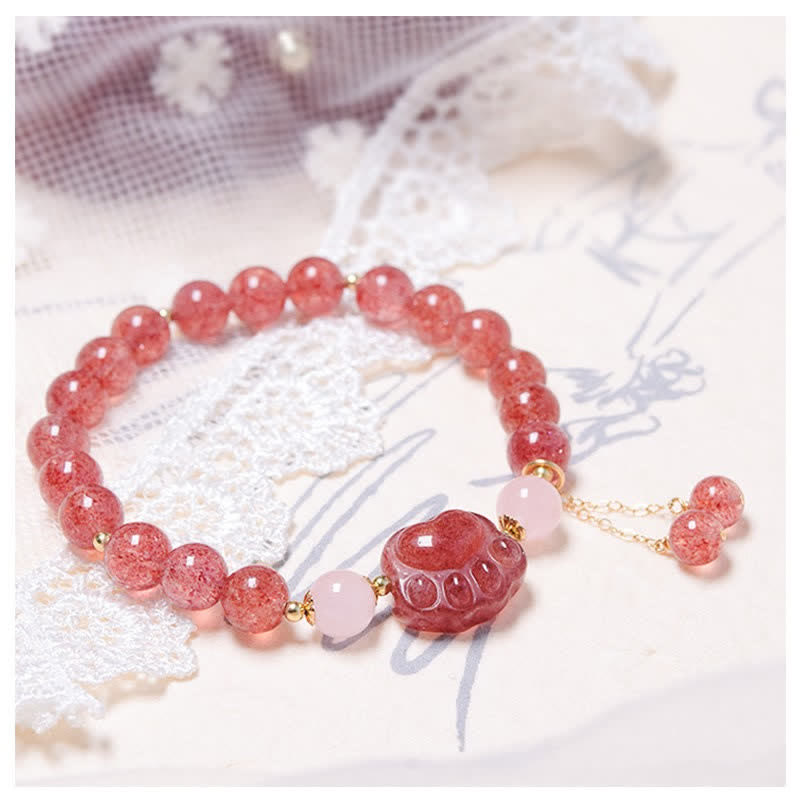 Buddha Stones Natural Strawberry Quartz Pink Crystal Lucky Cat Paw Love Bracelet - image 2
