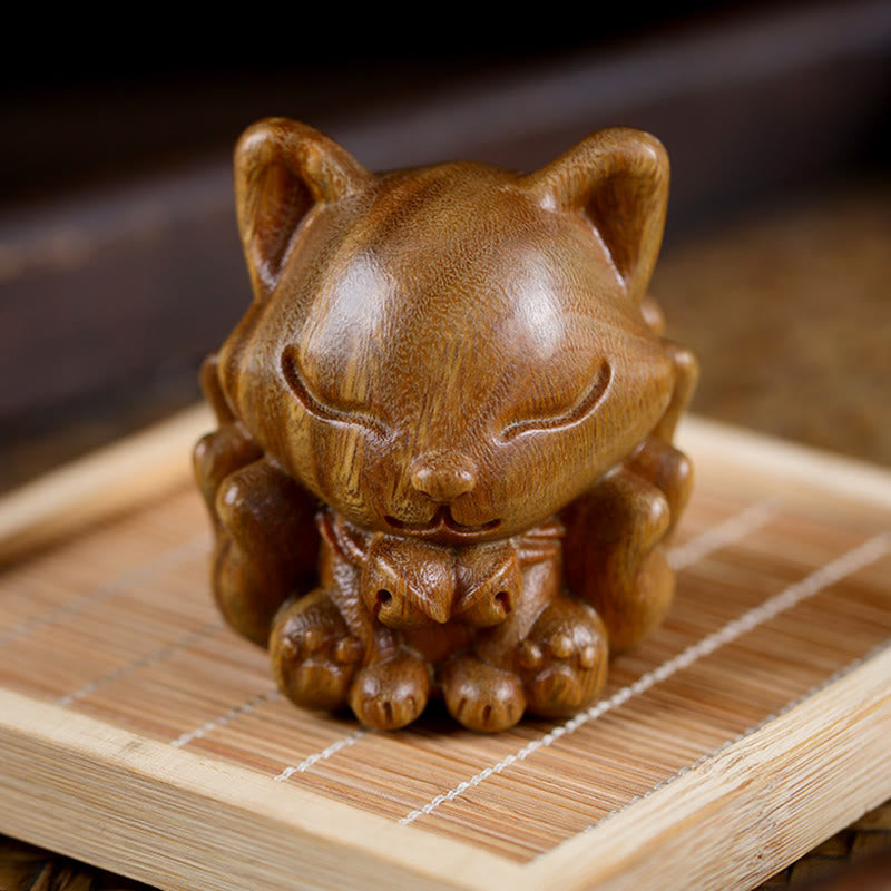 Buddha Stones Mini Nine Tailed Fox Ivory Fruit Sandalwood Green Sandalwood Blessing Decoration