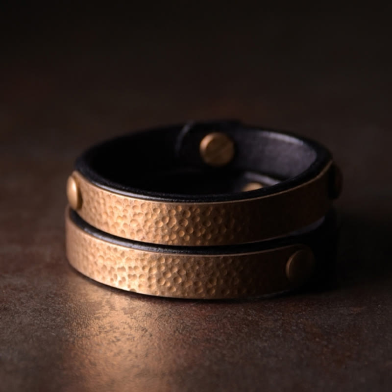 Buddha Stones Vintage Handmade Texture Copper Brass Leather Wealth Bracelet Bangle - image 16