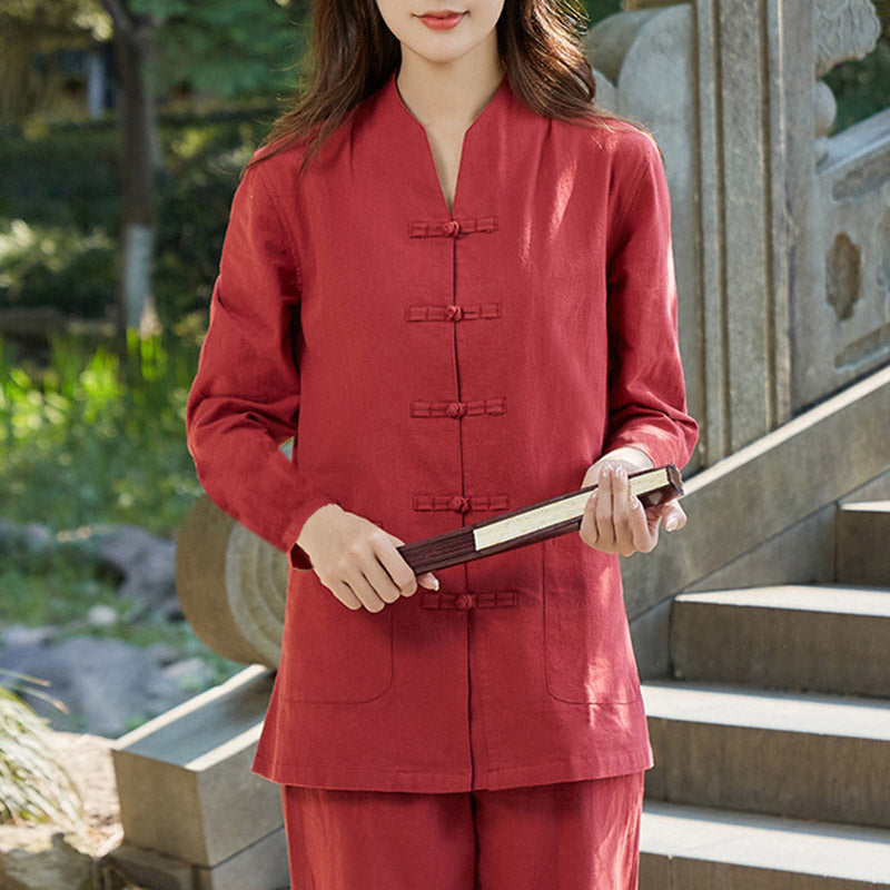 Spiritual Zen Practice Yoga Meditation Prayer Uniform Cotton Linen Clothing Women's Set - Red - US18,UK/AU22,EU50 (6XL) - image 11