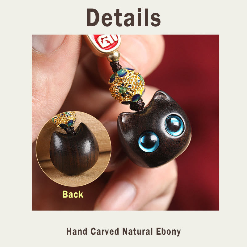 Buddha Stones Ebony Wood Lucky Cat Auspicious Cloud Peace Key Chain Phone Hanging Decoration - image 12