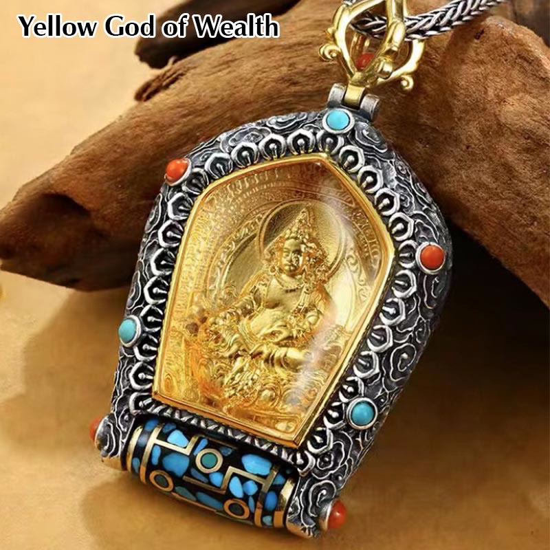 Tibet Chinese Zodiac Natal Buddha Thangka Prosperity Rotatable Dzi Bead Necklace Pendant - Yellow God Of Wealth - image 14