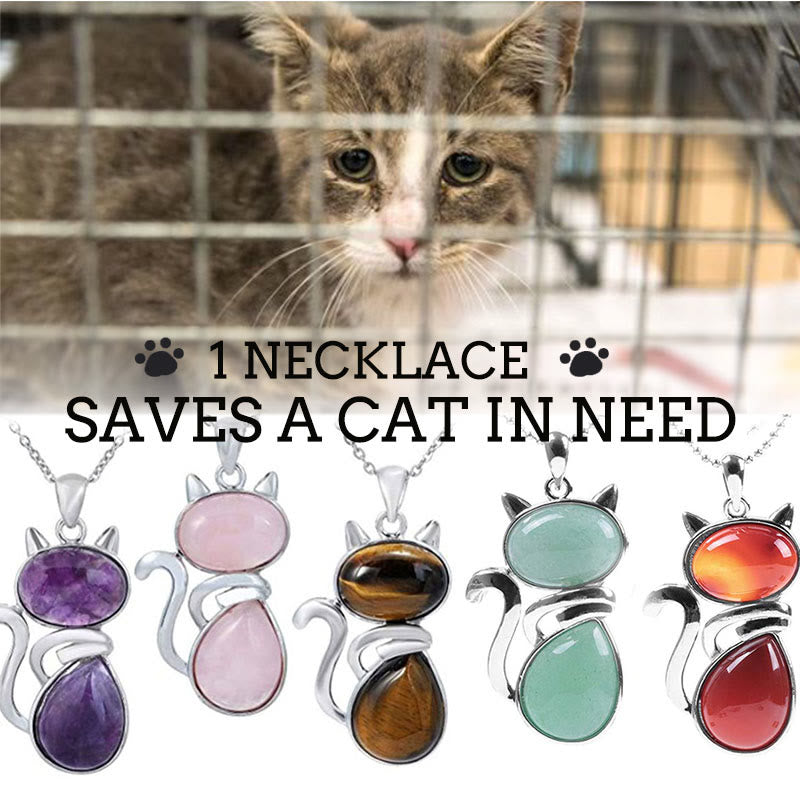 "Save A Cat" Cute Cat Pattern Natural Crystal Protection Cat-Loving Pendant Necklace - image 1