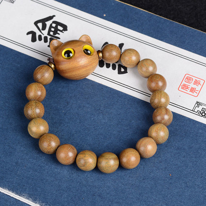 Buddha Stones Ebony Wood Green Sandalwood Red Sandalwood Lovely Cat Balance Bracelet - Green Sandalwood Cat 10mm*15 Beads(Wrist Circumference 14-16cm) - image 4