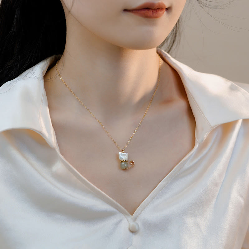 Buddha Stones 14K Gold Plated Pearl Hetian Jade Shell Luck Cat Kitten Necklace Pendant - image 7