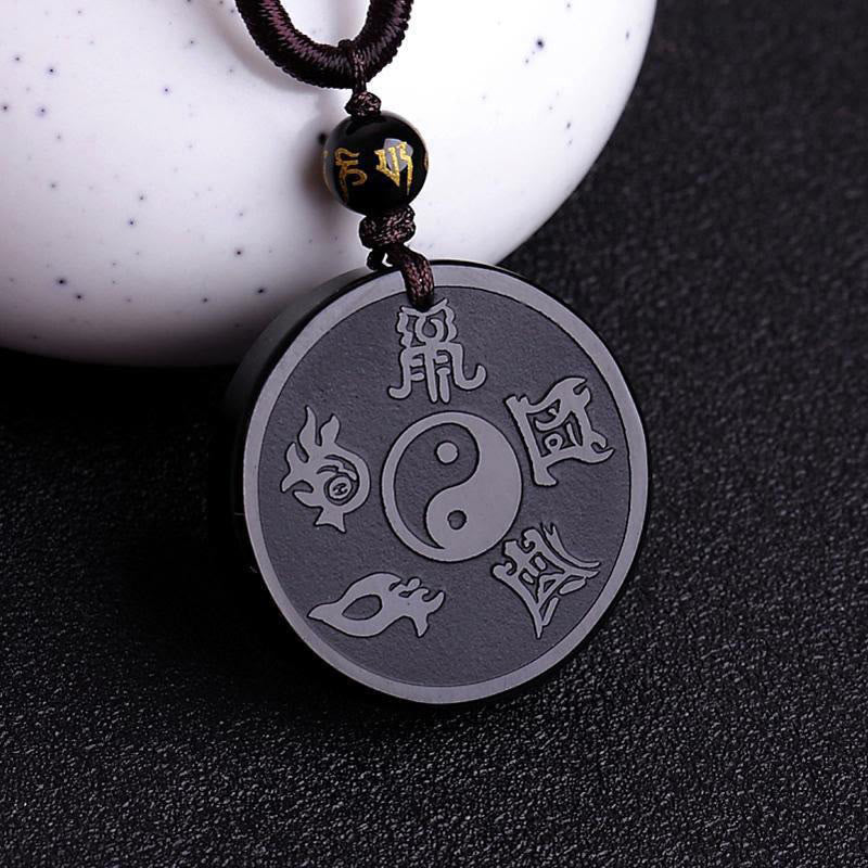 Buddha Stones Natural Black Obsidian Taoism Five Sacred Mountains Nine-Character Mantra Carved Strength Yin Yang Necklace Pendant Key Chain - Black Obsidian&String - image 1