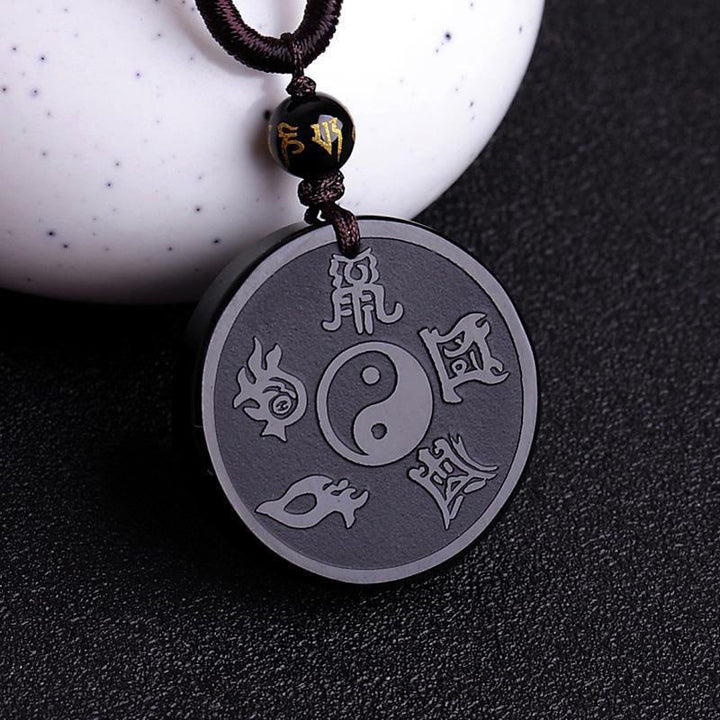 Buddha Stones Natural Black Obsidian Taoism Five Sacred Mountains Nine-Character Mantra Carved Strength Yin Yang Necklace Pendant Key Chain - Black Obsidian&String - image 1