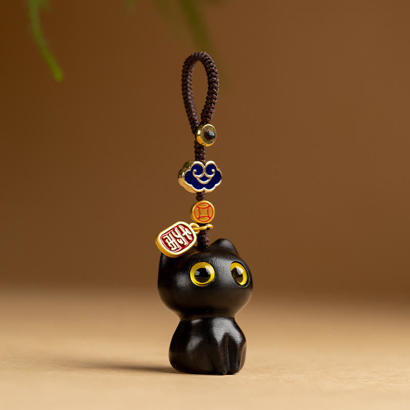 Buddha Stones Small Leaf Red Sandalwood Ebony Wood Lucky Cat Protection Key Chain Phone Hanging Decoration - Ebony Cat - Key Chain - image 9