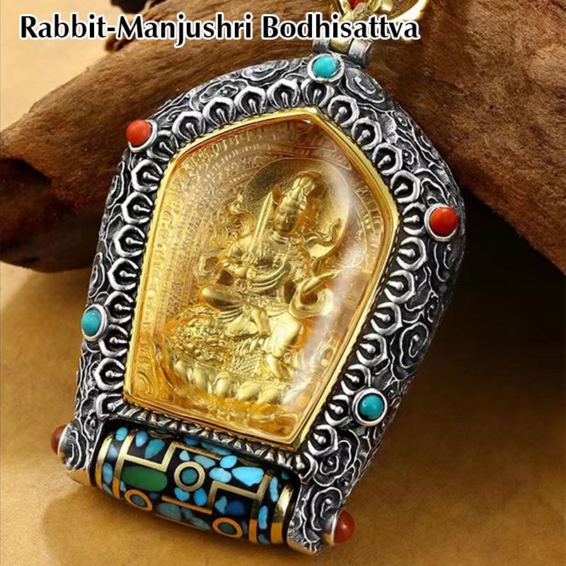 Tibet Chinese Zodiac Natal Buddha Thangka Prosperity Rotatable Dzi Bead Necklace Pendant - Rabbit-Manjushri Bodhisattva - image 6