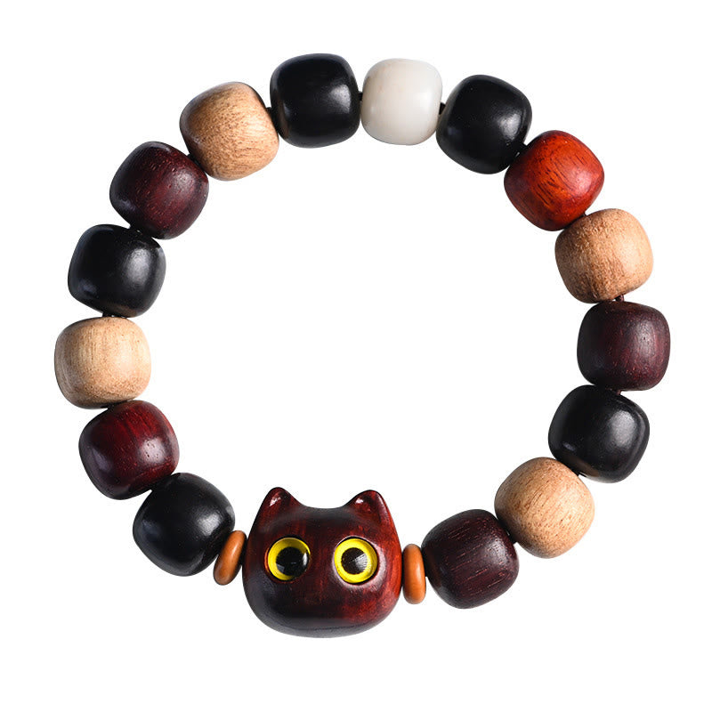 Buddha Stones Small Leaf Red Sandalwood Ebony Wood Cute Cat Engraved Protection Bracelet - image 18