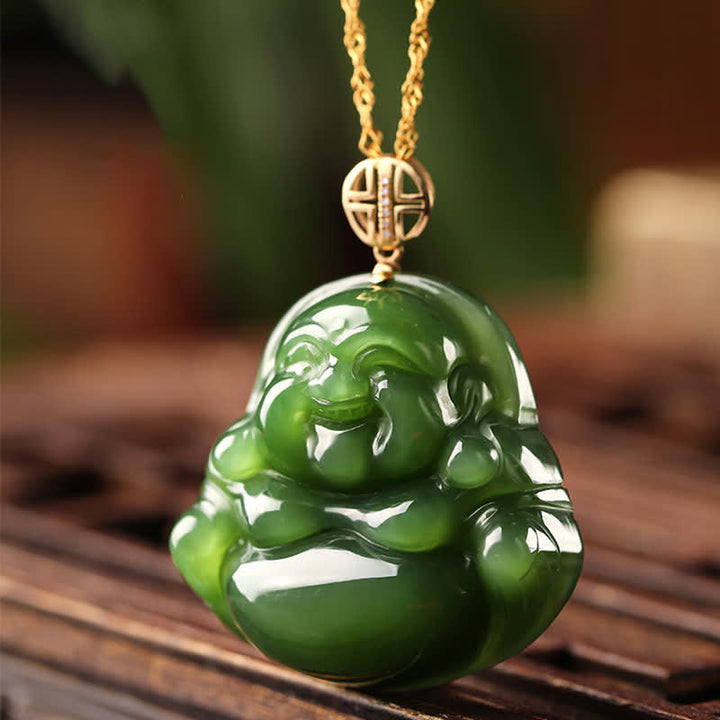 925 Sterling Silver Laughing Buddha Hetian Cyan Jade 18K Gold Success Necklace Chain Pendant - image 5