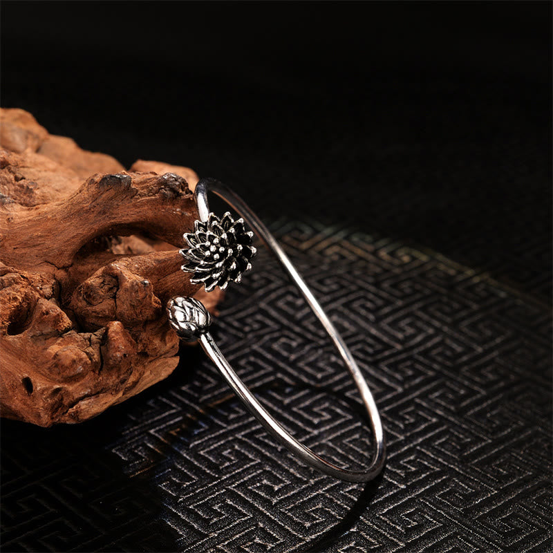 Buddha Stones Retro Lotus White Copper Enlightenment Bracelet Bangle - Gray Lotus - image 1