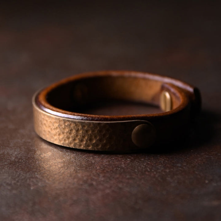 Buddha Stones Vintage Handmade Texture Copper Brass Leather Wealth Bracelet Bangle - image 4