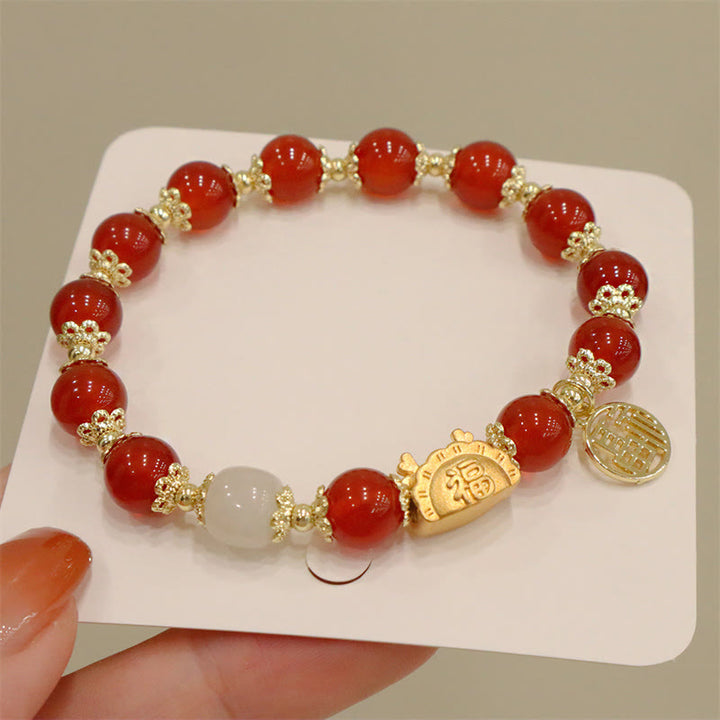 Buddha Stones Year Of The Dragon Red Agate Strawberry Quartz Black Obsidian Jade Garnet Pearl Cinnabar Dumpling Dragon Luck Fu Character Bracelet - Red Agate(Wrist Circumference 14-19cm) - image 0