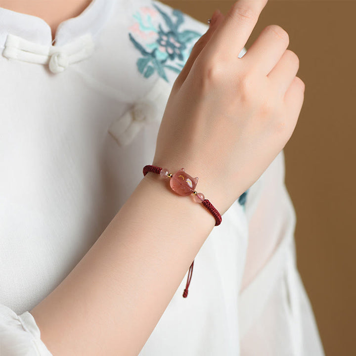 Buddha Stones Handmade Natural Silver Sheen Obsidian Strawberry Quartz Cute Cat Protection Braided Bracelet - image 12