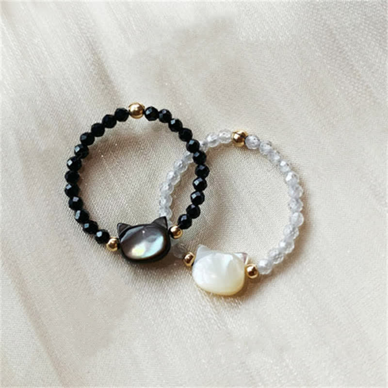 Buddha Stones Natural Tridacna Stone Lovely Cat 14K Gold Blessing Ring - image 10