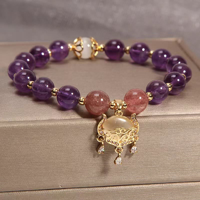 Buddha Stones Natural Amethyst Strawberry Quartz Cat Eye Chinese Lock Charm Healing Bracelet - image 3
