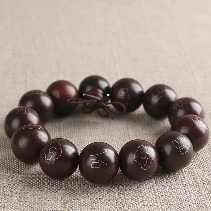Buddha Stones 925 Sterling Silver Inlaid Small Leaf Red Sandalwood Om Mani Padme Hum Character Auspicious Clouds Protection Bracelet