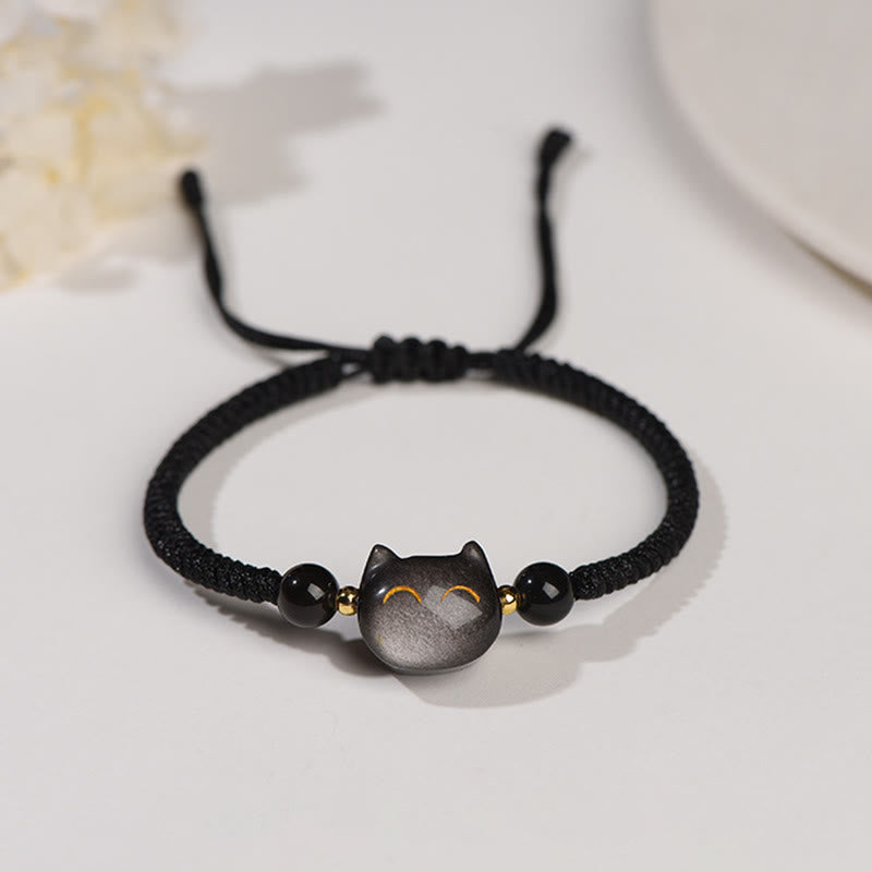 Buddha Stones Handmade Natural Silver Sheen Obsidian Strawberry Quartz Cute Cat Protection Braided Bracelet - Silver Sheen Obsidian(Communication♥Soothing) - Smiling Cat - image 1