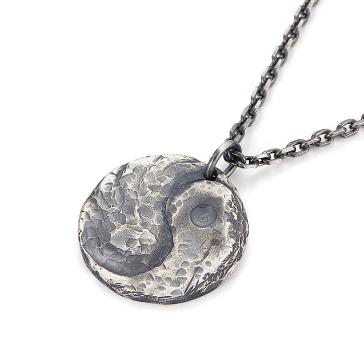 Buddha Stones 990 Sterling Silver Yin Yang Hammer Texture Harmony Necklace Pendant - image 7