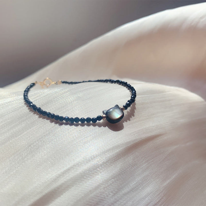 Buddha Stones 14K Gold Plated Black Spinel White Crystal Cute Cat Tridacna Stone Healing Bracelet - image 9