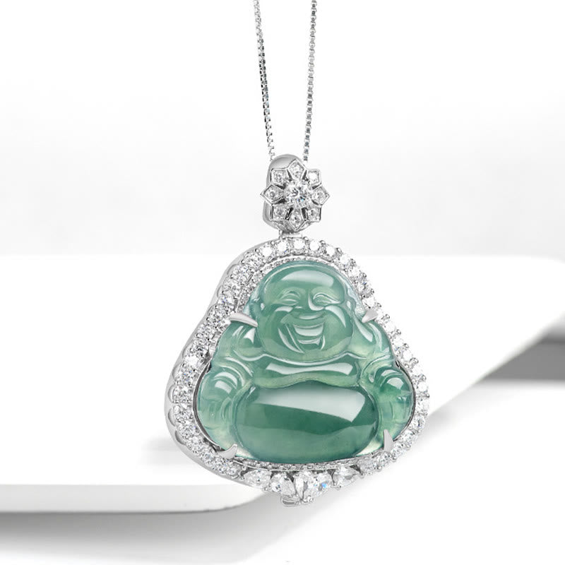 Buddha Stones 925 Sterling Silver Laughing Buddha Natural Jade Luck Abundance Chain Necklace Pendant - image 2