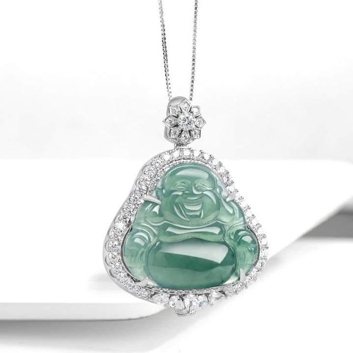 Buddha Stones 925 Sterling Silver Laughing Buddha Natural Jade Luck Abundance Chain Necklace Pendant - image 2