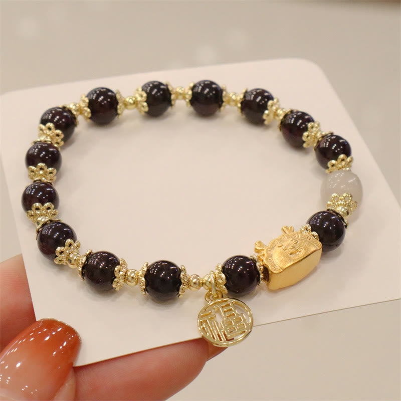 Buddha Stones Year Of The Dragon Red Agate Strawberry Quartz Black Obsidian Jade Garnet Pearl Cinnabar Dumpling Dragon Luck Fu Character Bracelet - Garnet(Wrist Circumference 14-19cm) - image 24